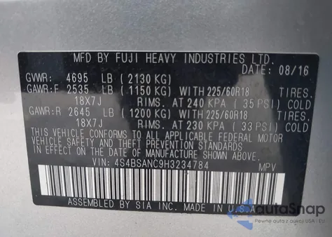 2017 Subaru Outback 2.5I Limited from USA, damaged, VIN 4S4BSANC9H3234784